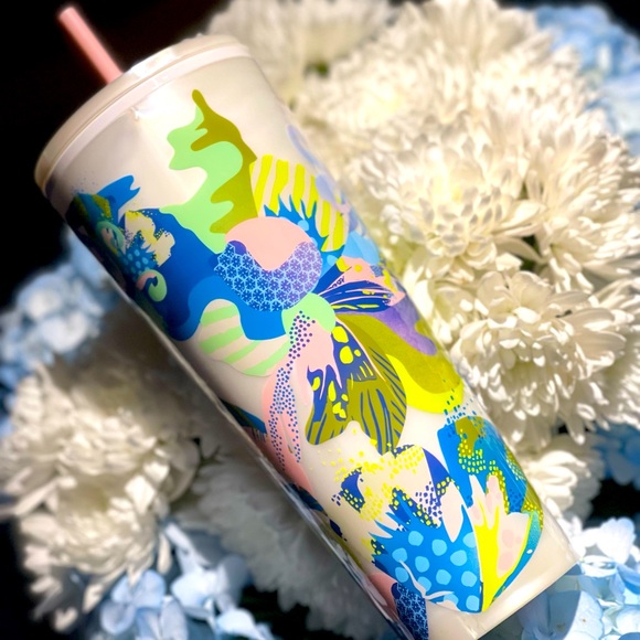 NWT🌼Starbucks Summer 2024 White Pearl Marble Multicolor Floral Tumbler - Picture 2 of 9